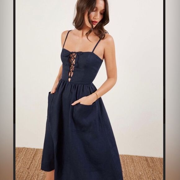 NEW Reformation 100% Linen Ellen Dress Dark Navy Lace Bodice Midi with Pockets - Picture 5 of 9